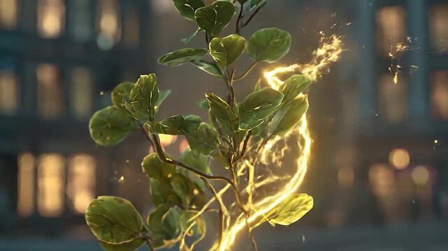 A vibrant green plant with glowing golden energy roots thrives in a blurred
