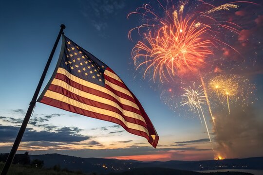 American flag with fireworks display at dusk patriotic celebration