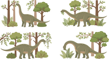 Cute sauropod dinosaur vector illustration set grazing on forest trees and jurassic jungle foliage for kids educational material and nursery wallpaper decor © AntarChandra