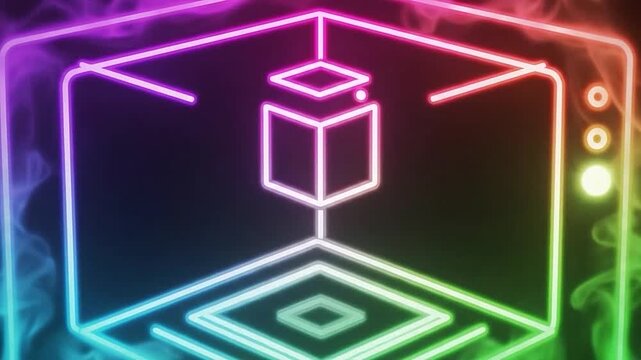 Vibrant neon glowing 3D printer icon creating a cube on a dark background