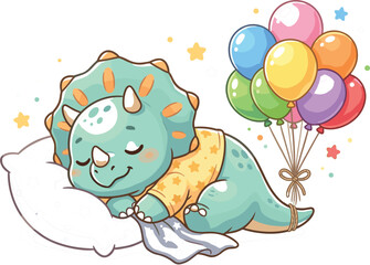 Cute sleeping triceratops dinosaur cartoon character on pillow with colorful balloons vector illustration for kids nursery room decor branding © AntarChandra