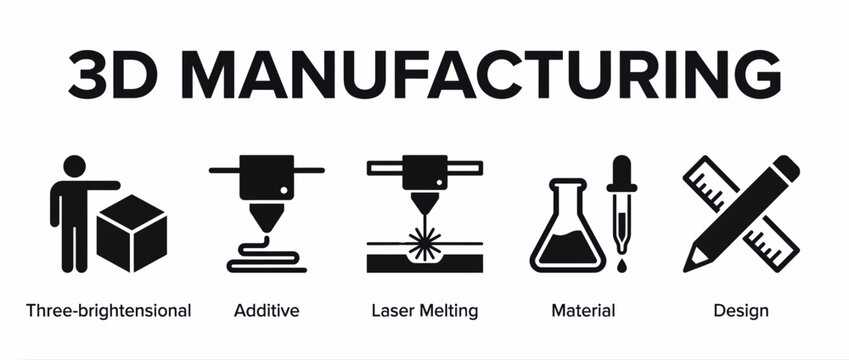 3d manufacturing icons set including additive, laser melting, material and design