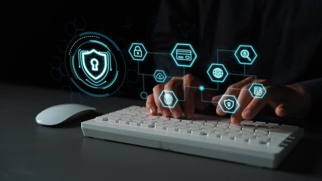 Hands Typing on a Keyboard with Cybersecurity Icons Representing Data Protection and Digital Safety in a Modern Technology Environment. Entropy.