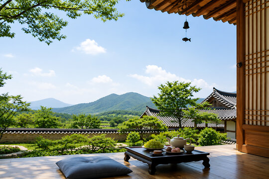 Traditional Korean house Hanok veranda with tea table and scenic mountain view in summer
