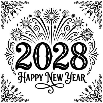 2028 happy new year decorative design with fireworks and champagne toast