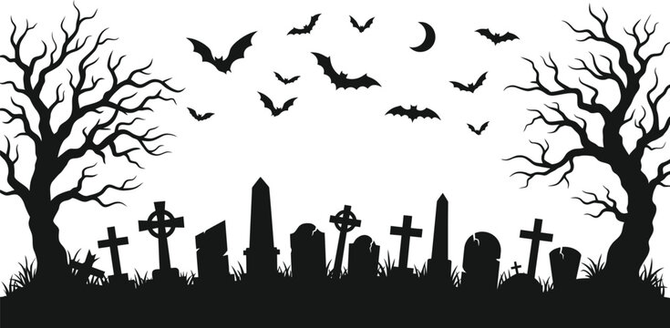 Black silhouette of a spooky graveyard with bats and trees isolated on white background for halloween