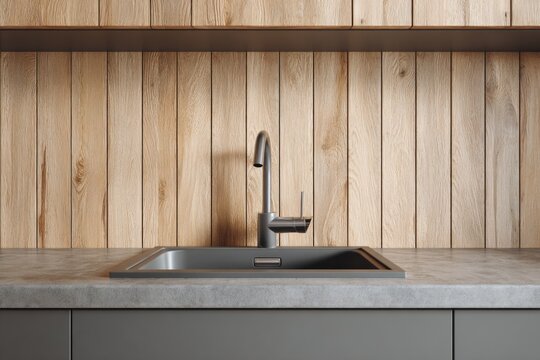 Modern kitchen sink with a sleek faucet against a warm wood plank backsplash.
