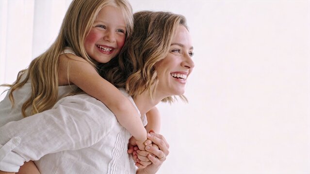Happy mother giving daughter piggyback ride, joyful family bonding moment, childhood fun, parental love, and healthy lifestyle concept with bright natural light and genuine smiles