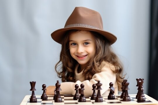 Smiling child in a hat and sweater sitting behind a chessboard with pieces, looking at the camera