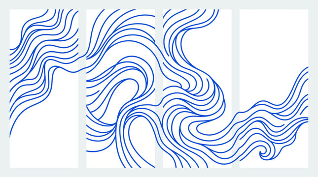 Abstract blue flowing line art across three vertical panels forming a dynamic triptych for modern wall art
