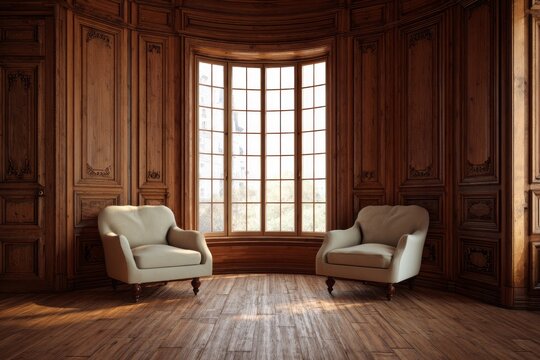 Two armchairs sit in a richly paneled room with a large bay window.