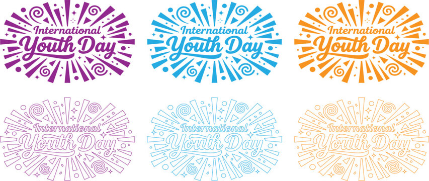 International Youth Day typography logo set with colorful firework bursts