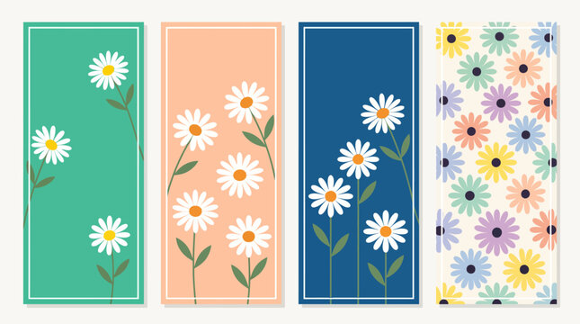 Set of four vertical daisy designs on pastel color blocks, botanical floral artwork for home decor, wall art and backgrounds