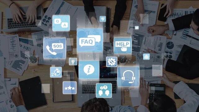 FAQ and online help icons show question, answer, and support system. FAQ improves online help experience, customer service quality, and FAQ knowledge access. Funnel