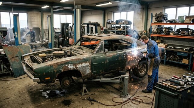 A skilled mechanic intensely welds a section of a vintage Dodge Charger in a cluttered auto repair shop. Sparks fly as he focuses on the repair work.