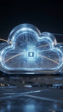 Cloud security secure cloud storage data encryption cybersecurity cloud data protection concept glowing lock circuit lines futuristic digital network environment advanced technology safeguards