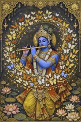 Obraz premium Pichwai style artwork of Krishna playing the flute surrounded by a radiant swirl of butterflies, golden ornaments, and lotus flowers in a richly detailed devotional composition, AI generated