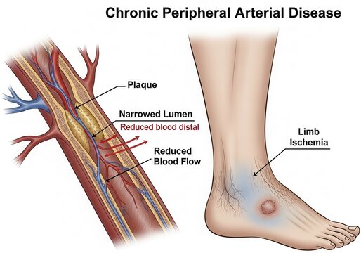 Illustration of chronic peripheral arterial disease affecting a limb with labels, AI generated