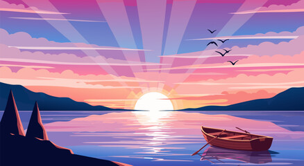 Serene Lake Sunset Illustration Vector Design Featuring a Peaceful Rowing Boat Floating on Calm Waters Under a Beautiful Colorful Sky © Purnomo Semlirick
