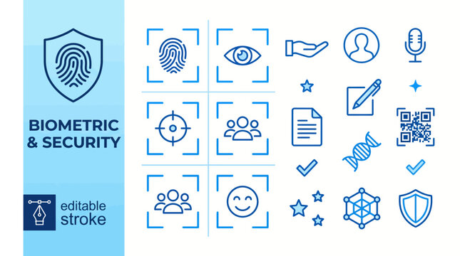 Biometric security icons set for authentication, identity verification, and data protection UI design