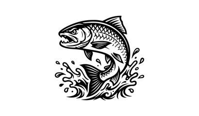 Obraz premium Jumping Fish Illustration with Water Splash in Vintage Engraving Tattoo Style