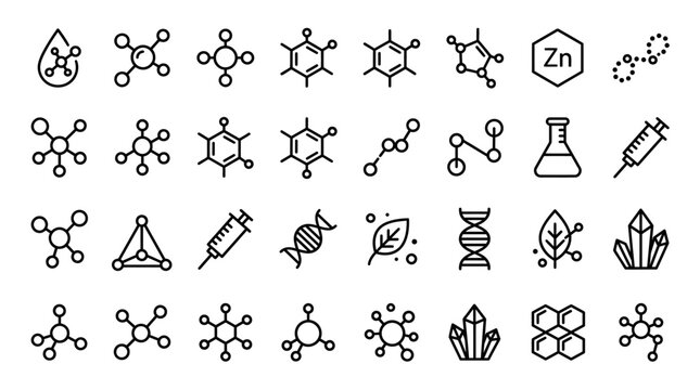 Extensive collection of science and chemistry icons featuring molecules, atoms, DNA, lab equipment, and symbols for design and education.