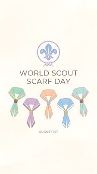 World Scout Scarf Day August 1st vertical poster illustration with pastel colorful neckerchiefs and emblem