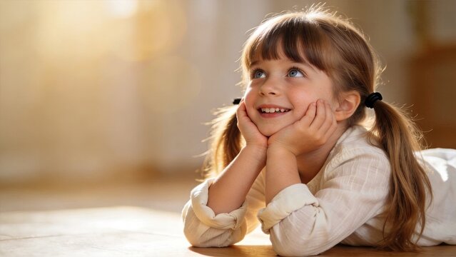 Happy little girl lying on wooden floor daydreaming with imagination, childhood innocence and joy concept