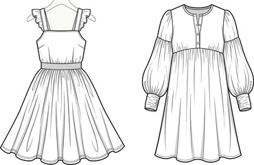 Fototapeta premium Technical fashion design sketches of women’s dresses featuring a ruffled sleeve dress and a button front dress