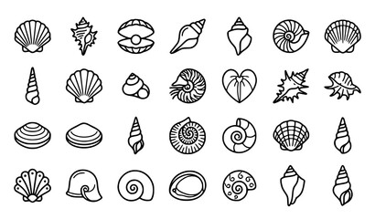 Seashell and Marine Shell Outline Icon Collection with Coastal Nature Elements © Crafts Home