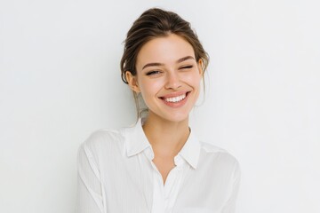Fototapeta premium Confident female professional winking at the camera in a clean white backdrop
