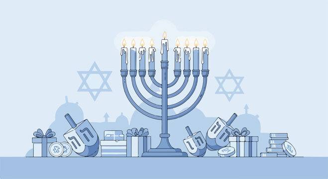A menorah with candles and gifts on a table