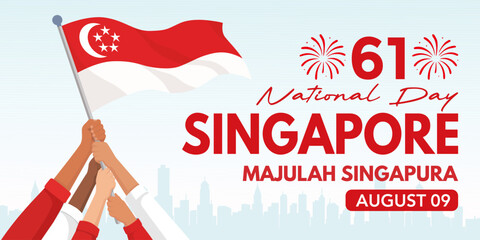 National Day Singapore banner design featuring the national flag, fireworks, and iconic city skyline. Vector Illustration. © barokzidane