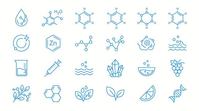 Blue line art icons set for water science, chemistry, and sustainability themes including water drops, molecules, lab gear, and environmental symbols