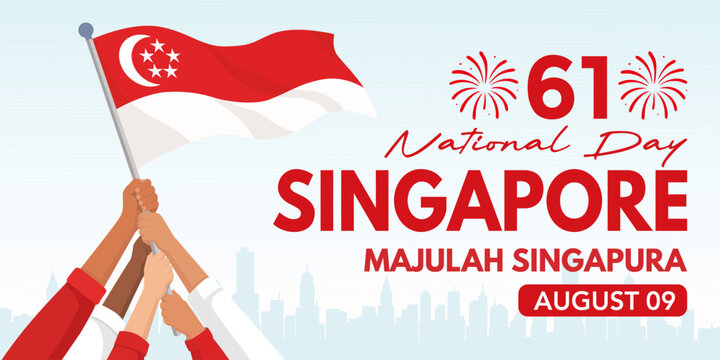 National Day Singapore banner design featuring the national flag, fireworks, and iconic city skyline. Vector Illustration.