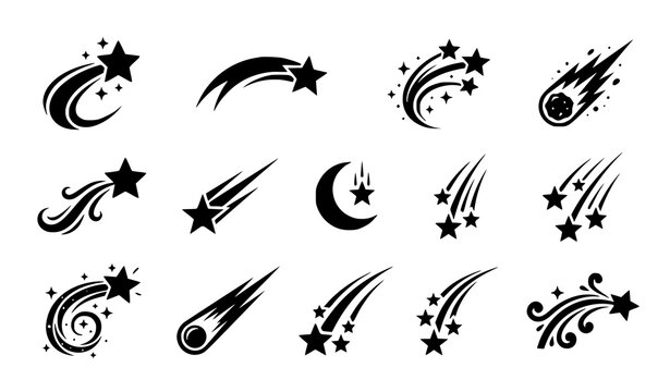 Hand Drawn Meteor and Shooting Star Icons with Decorative Cosmic Trail Effects