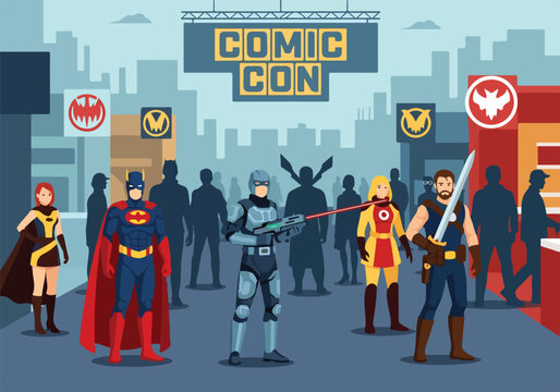Colorful Comic Con scene with superheroes