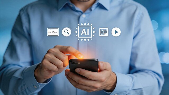 Man using smartphone with augmented reality AI icons floating above screen, concept of mobile application development