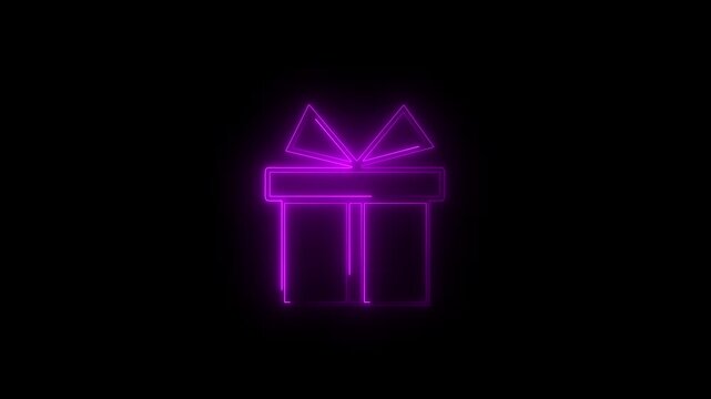 Pink Neon Gift Box Icon on Black Background present happy new year gift box neon animation video. 4k motion video.