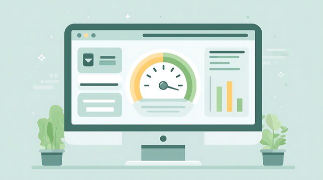 Computer monitor displaying speed test and analytics dashboard