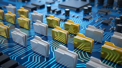 Obraz premium Digital data storage on electronic circuit board with rows of golden and silver folders representing organized information management and modern computer technology solutions.