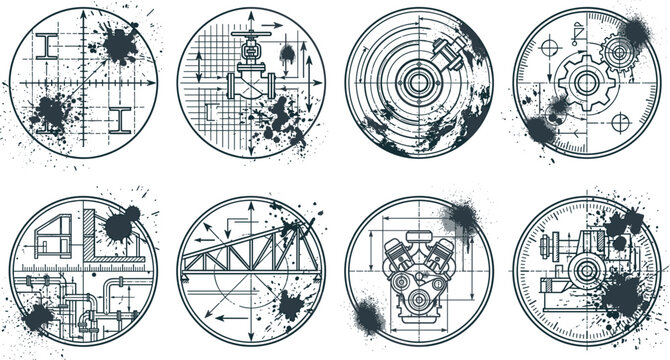 Industrial Blueprint Circular Icon Set with Mechanical Engineering Diagrams and Grunge Ink Splatter for Technical Graphic Designs