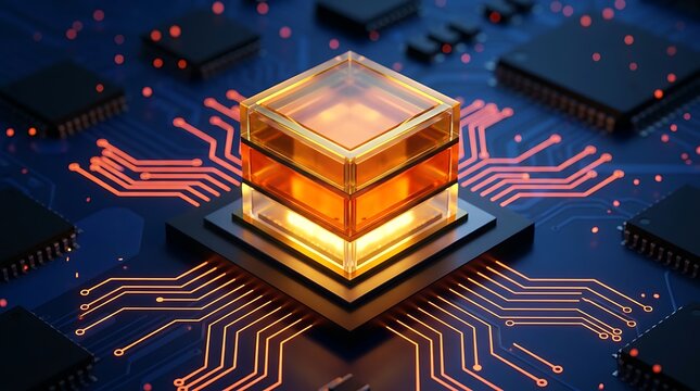 Abstract representation of a central processing unit or quantum computer chip with glowing circuits and surrounding processors on blue background.