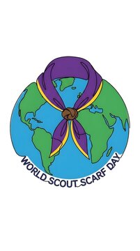 World Scout Scarf Day graphic illustration with purple neckerchief tied around earth globe