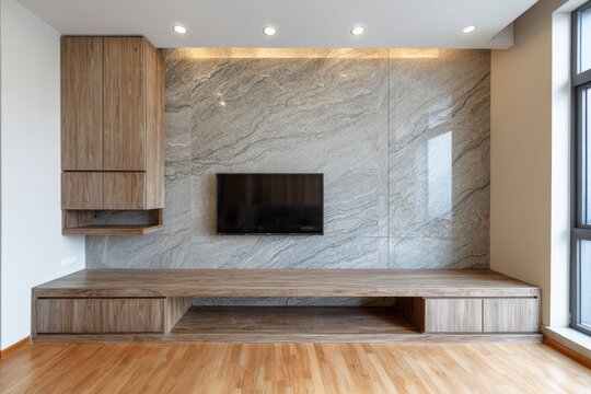 Modern living room with wooden cabinets and marble wall.