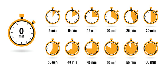 Timer, clock, stopwatch isolated set icons. Countdown timer symbol icon set. Label cooking time. Set of analog clocks for every hour icon. Stopwatch icon from 1 to 60 minute timer.Time tracking vector © Jerrymoon