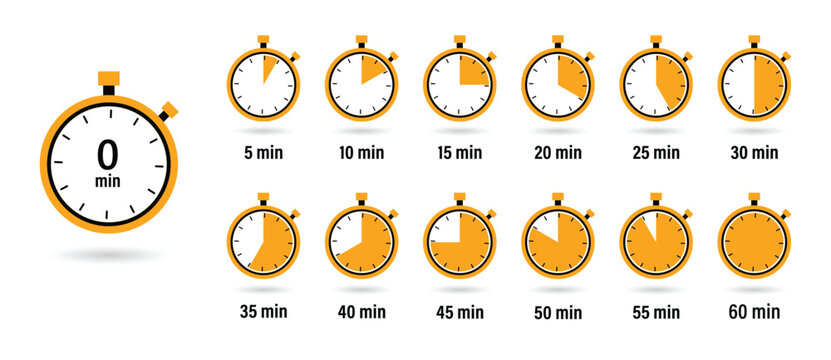 Timer, clock, stopwatch isolated set icons. Countdown timer symbol icon set. Label cooking time. Set of analog clocks for every hour icon. Stopwatch icon from 1 to 60 minute timer.Time tracking vector