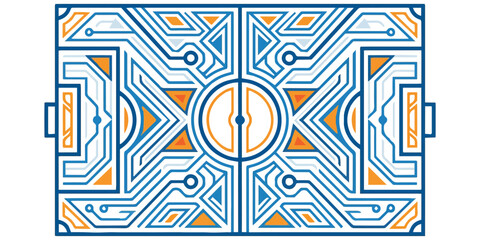 Geometric Soccer Field Circuit Board Pattern in Blue and Orange Tones © Muhammad