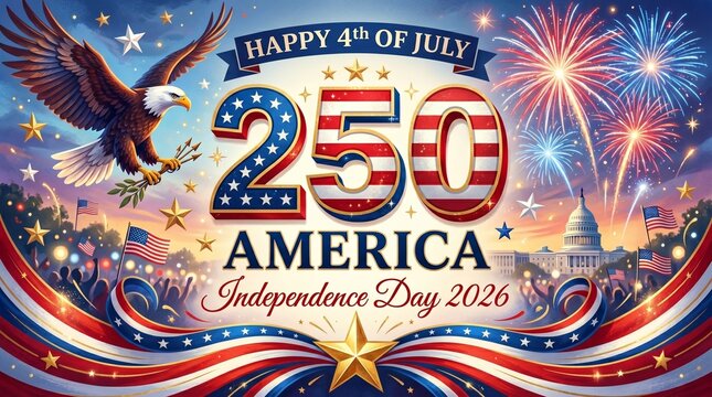 Happy 4th of July 2026 Banner Template with Patriotic American Typography, Fireworks and USA Flag Ribbon for Independence Day Celebration Design
