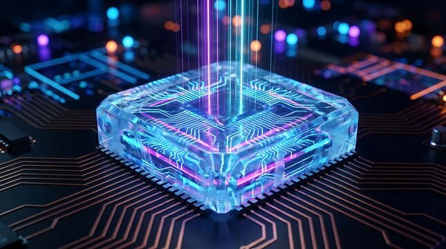 Close up of a futuristic glowing computer processor chip on a circuit board emitting vibrant neon light beams symbolizing powerful data processing.